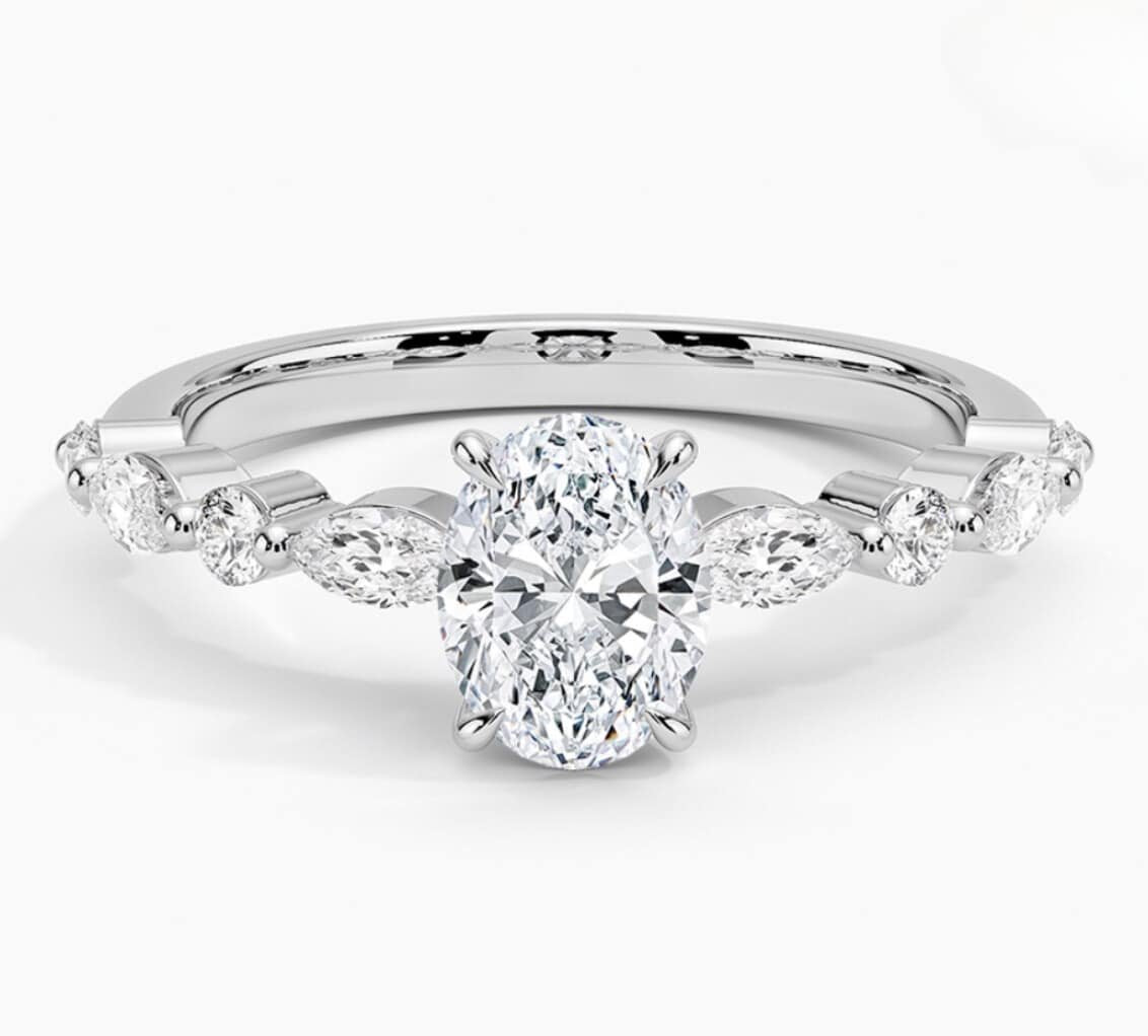 14K Gold | 1 ct Oval Lab Diamond VVS2 E color w/ .39ct setting 14K White Gold Engagement Ring