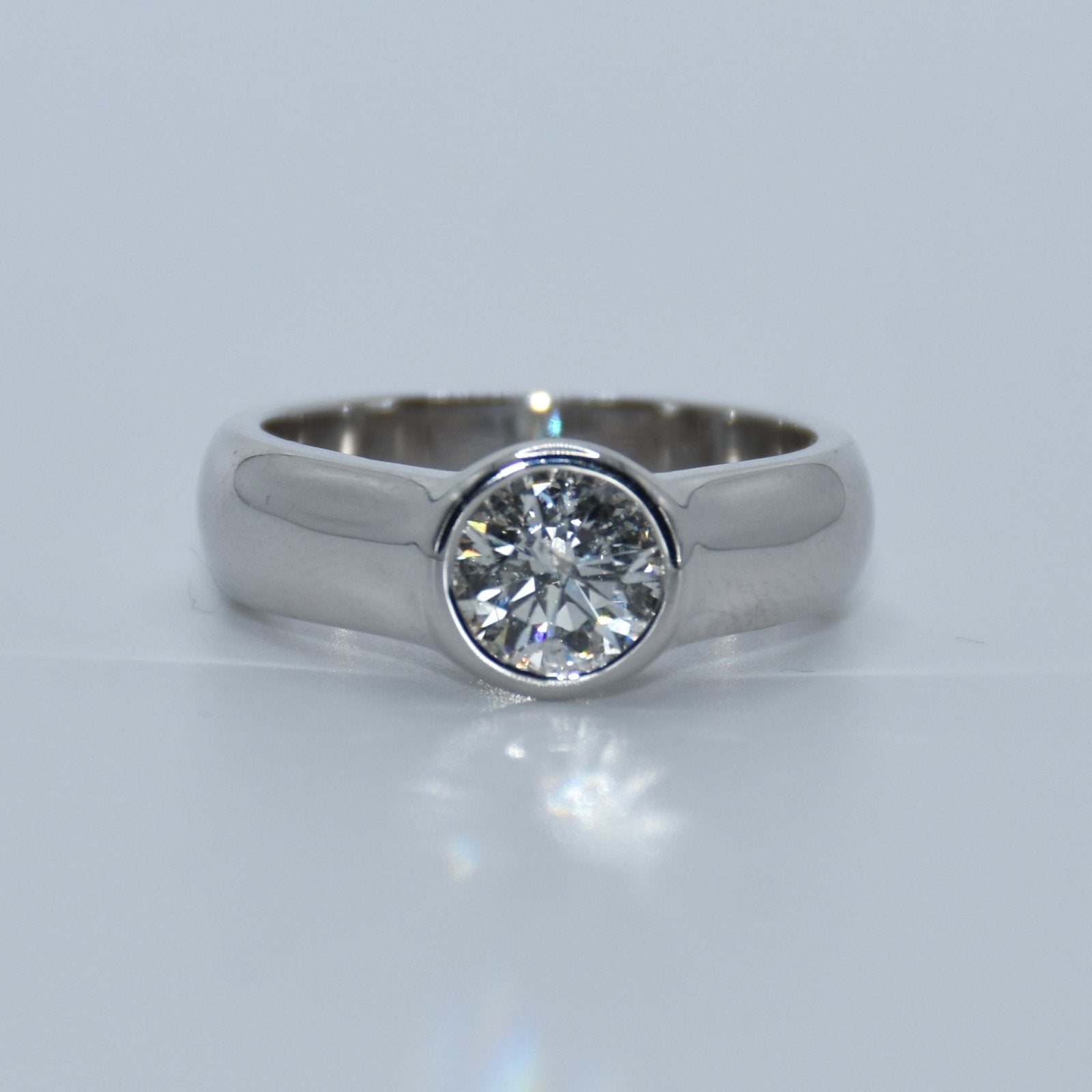 14K Gold | 1.02ct Natural Round Bezel Set Diamond 14K White Gold Engagement Ring