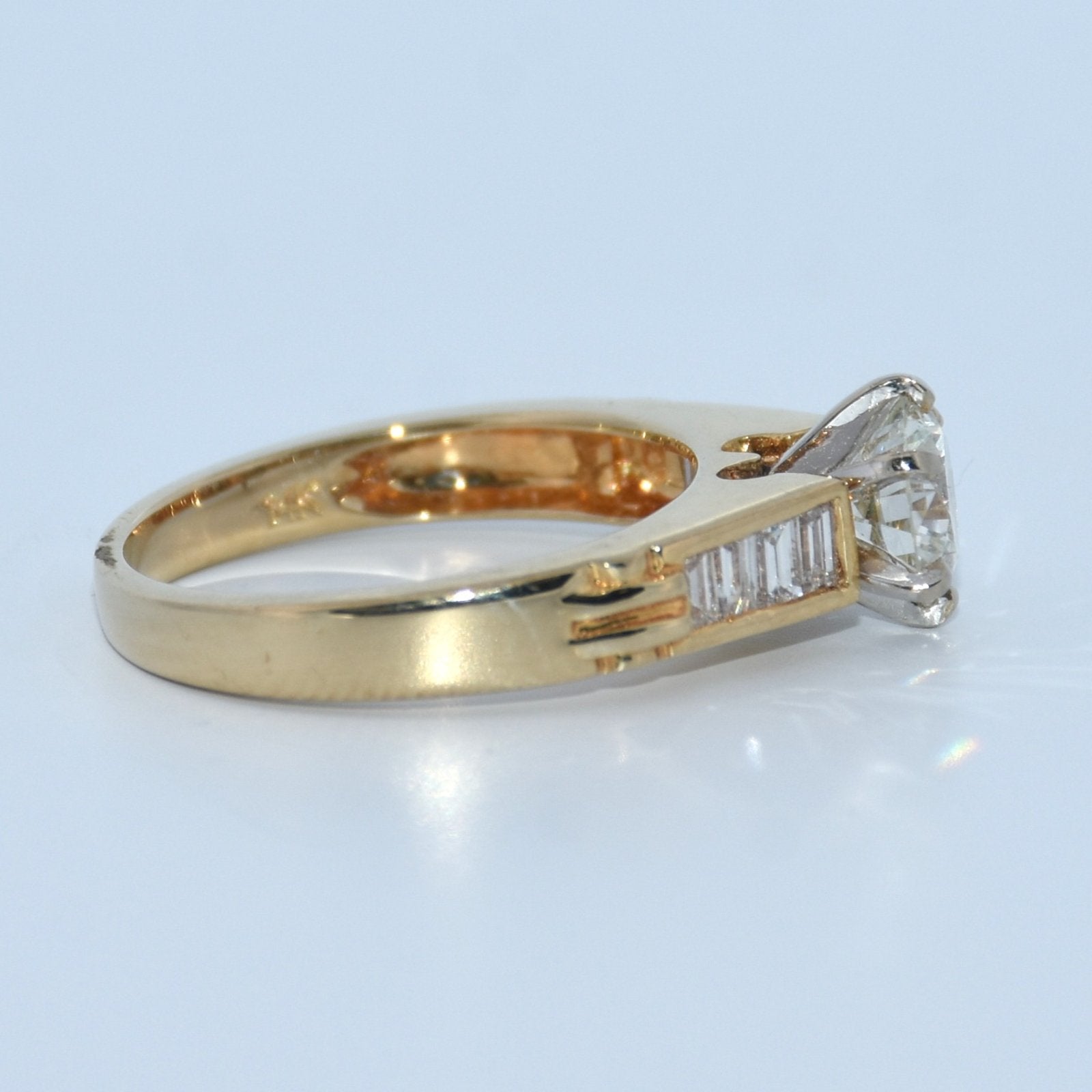 14K Gold | YG Natural Round Diamond .92ct VS Quality Ungraded Center Stone .08ct Baguette Shank Engagement Ring