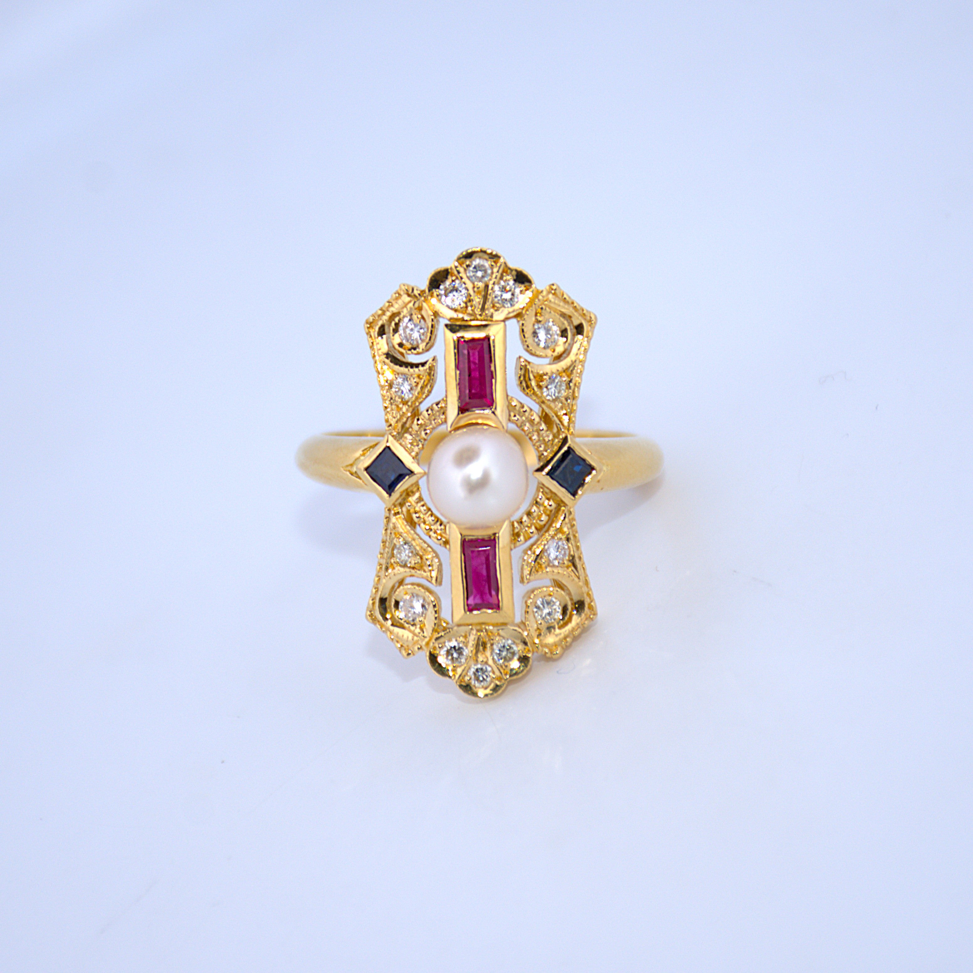 19.2K Portuguese Gold | Queen Amelia Ring W/ Sapphire, Ruby and Natural Diamonds