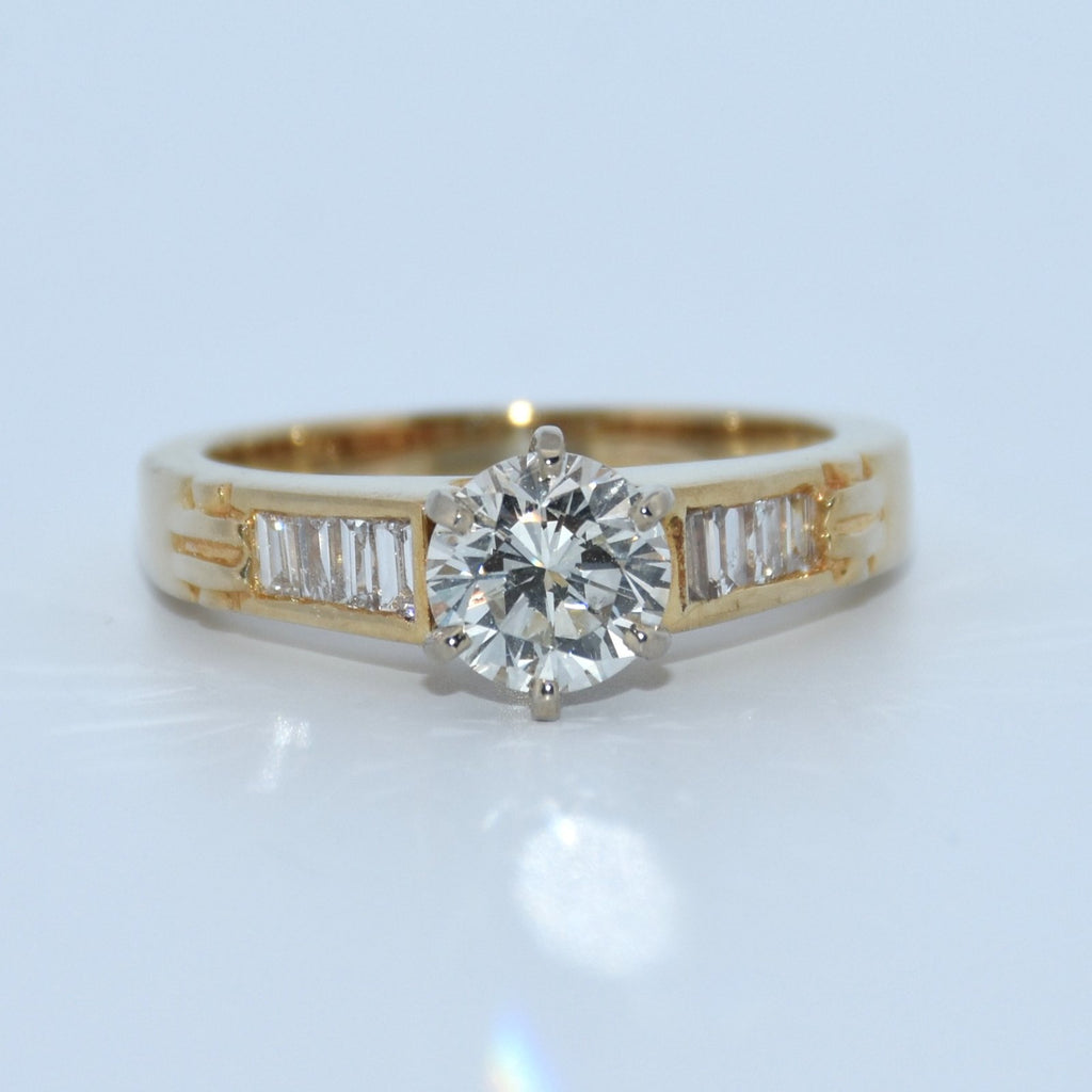 14K Gold | YG Natural Round Diamond .92ct VS Quality Ungraded Center Stone .08ct Baguette Shank Engagement Ring