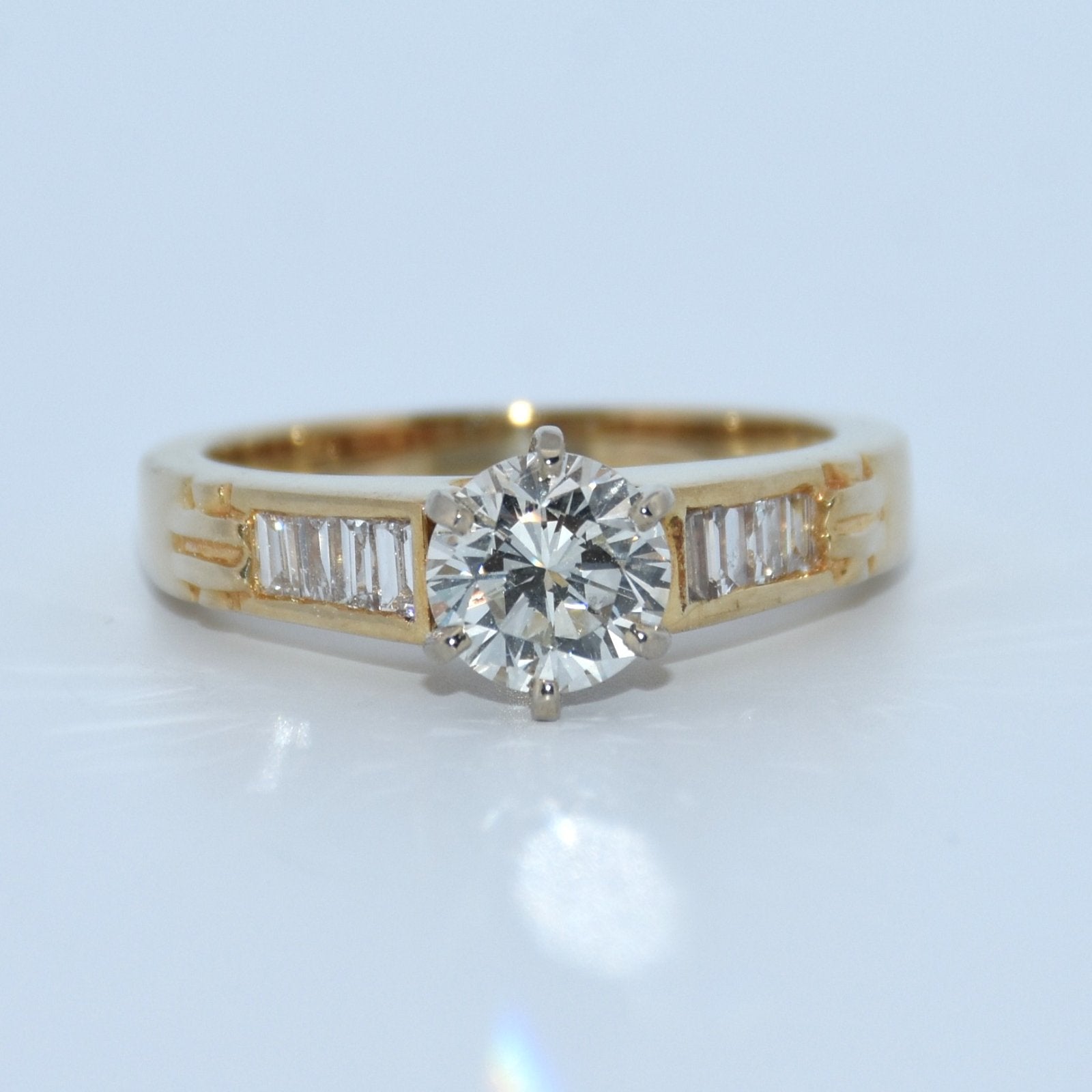 14K Gold | YG Natural Round Diamond .92ct VS Quality Ungraded Center Stone .08ct Baguette Shank Engagement Ring