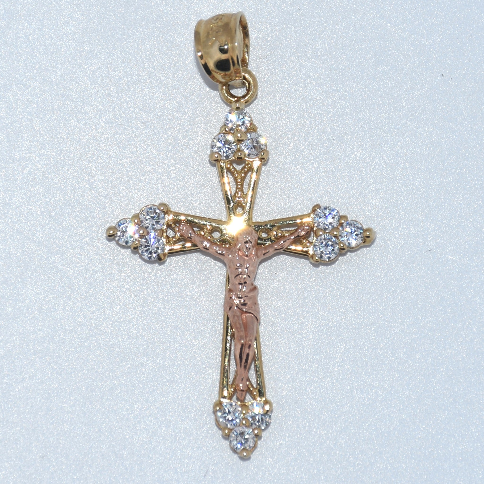 14K Gold | Two Tone CZ Crucifix Pendant