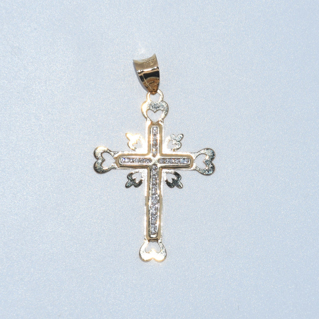 14K Gold | YG CZ Fancy Cross with Hearts Pendant