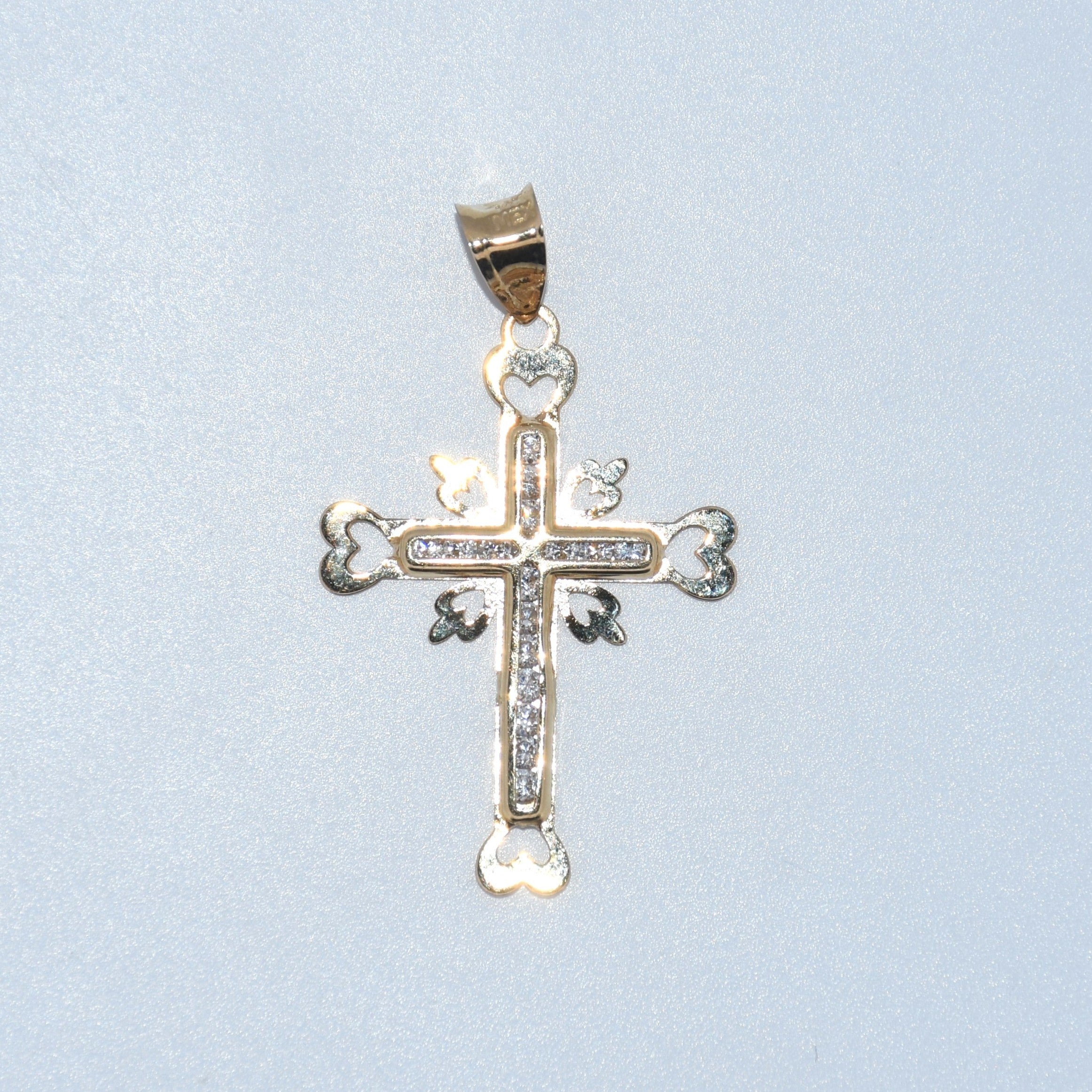 14K Gold | YG CZ Fancy Cross with Hearts Pendant