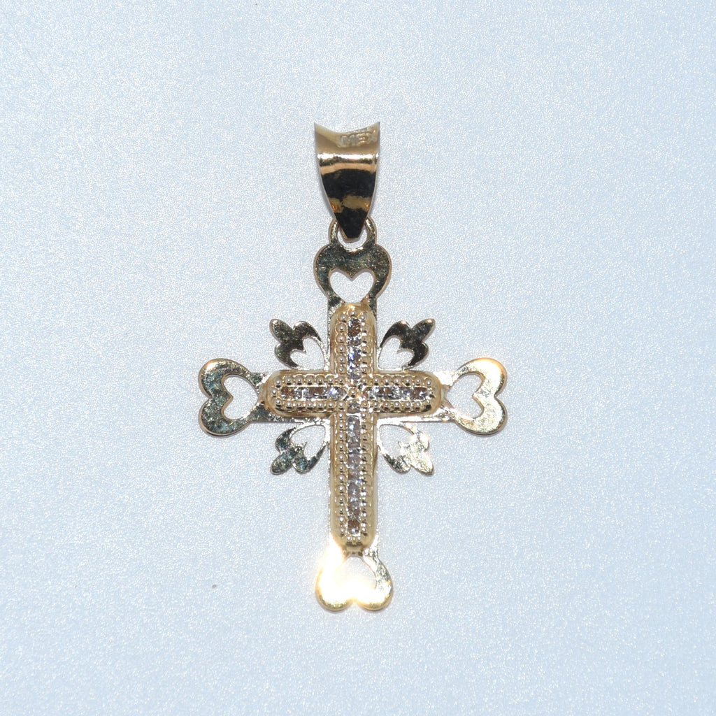 14K Gold | YG CZ Fancy Cross with Hearts Pendant