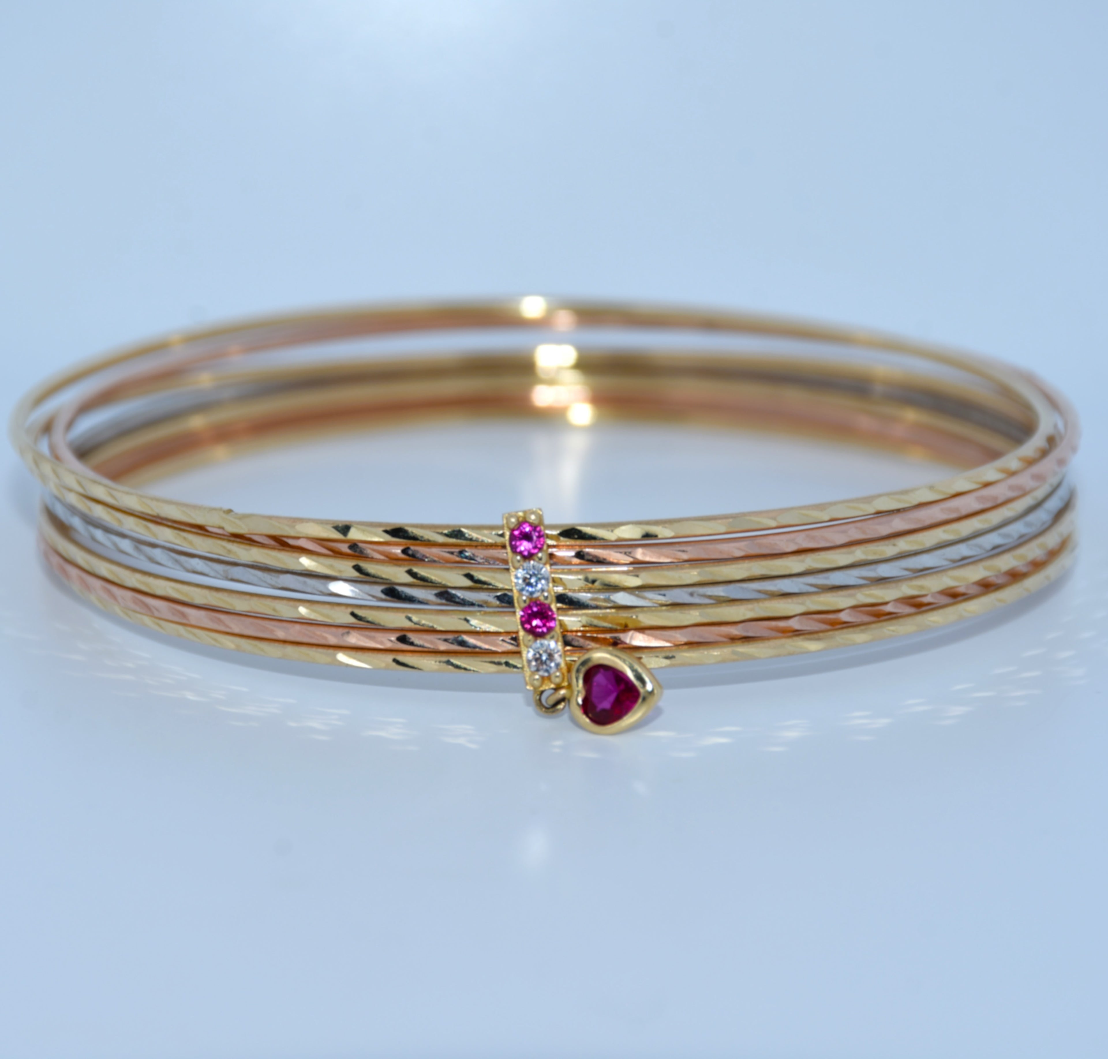 14K Gold | Tricolor 7 Band with Red Stones Bracelet