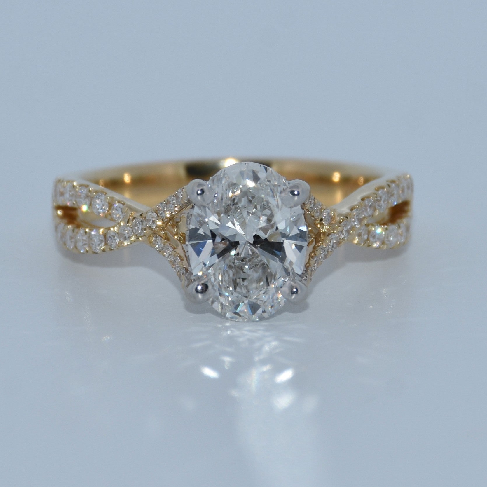14K Gold | 1.58ct Oval Lab Diamond 14K Y/W Gold .47cttw Natural Twisted Shank Engagement Ring