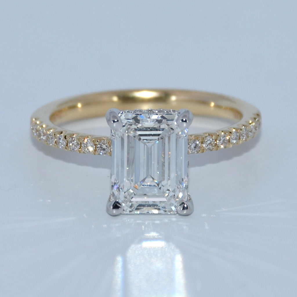 14K Gold | 2.59ct Emerald Cut Lab Diamond 14K Y/W Gold .22ct Natural Setting Accented Engagement Ring