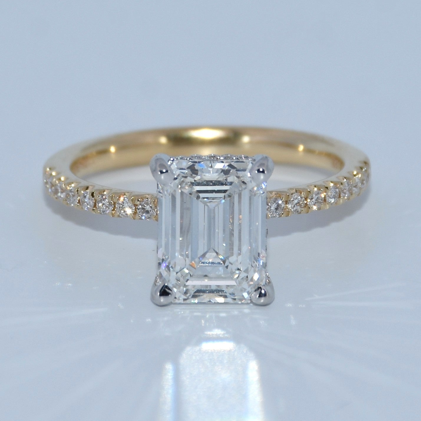 14K Gold | 2.59ct Emerald Cut Lab Diamond 14K Y/W Gold .22ct Natural Setting Accented Engagement Ring