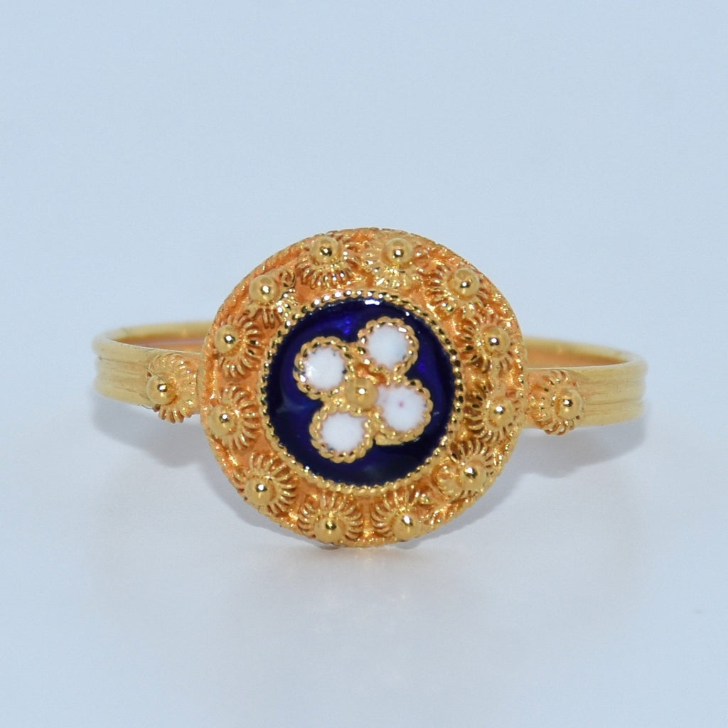 19.2K Portuguese Gold | Blue Enamel Ring with Flower