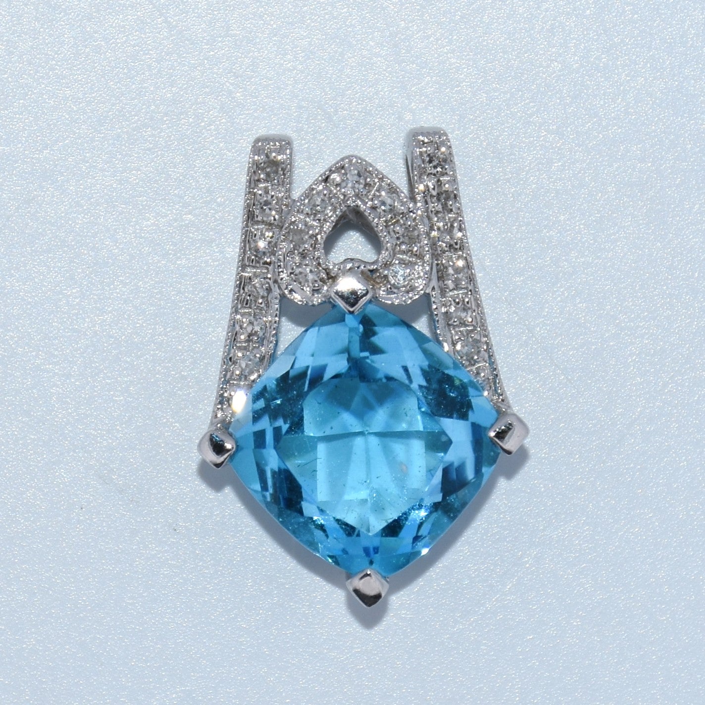 14K White Gold Natural Diamond and Princess Cut Blue Topaz Pendant