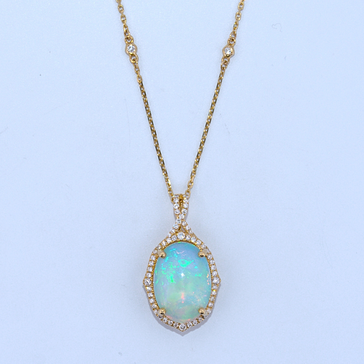 14K Gold | Yellow Gold Ethiopian Opal and Natural Diamond Pendant with Necklace Set