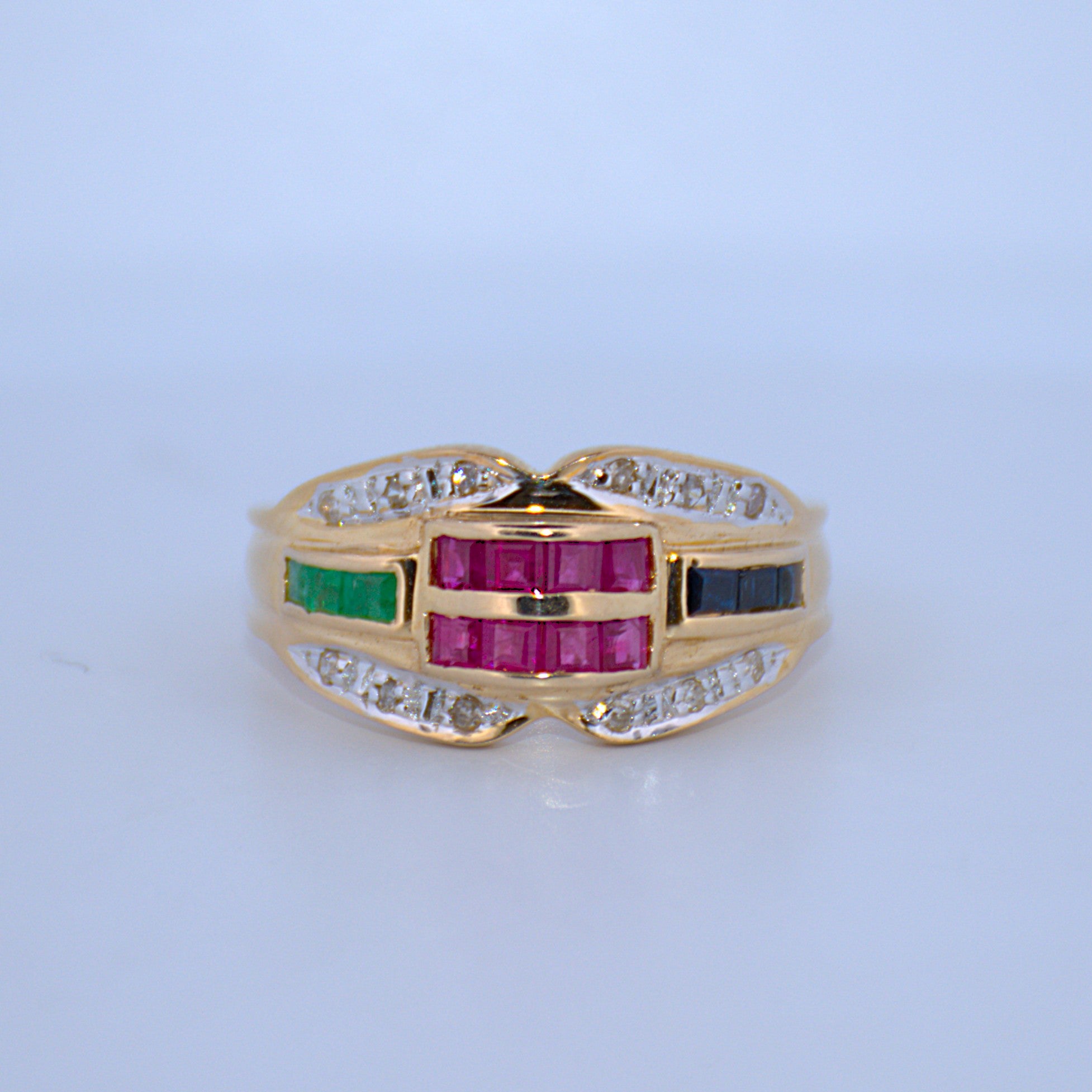 19.2K Portuguese Gold | Ruby Sapphire Emerald Ring with Natural Diamonds
